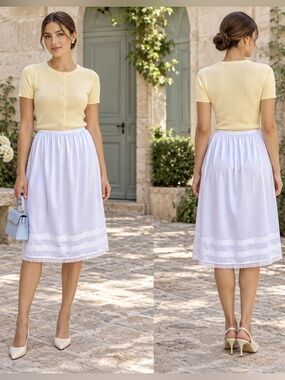 White Lace Trim Midi Slip Skirt